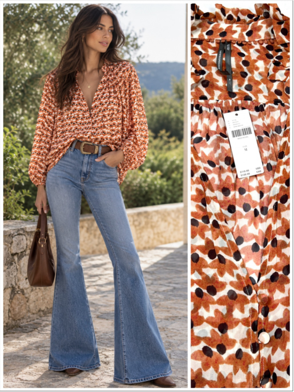 NWT Anthropologie Blouse M Orange Brown Fall Floral Long Sleeve Top 100% Viscose